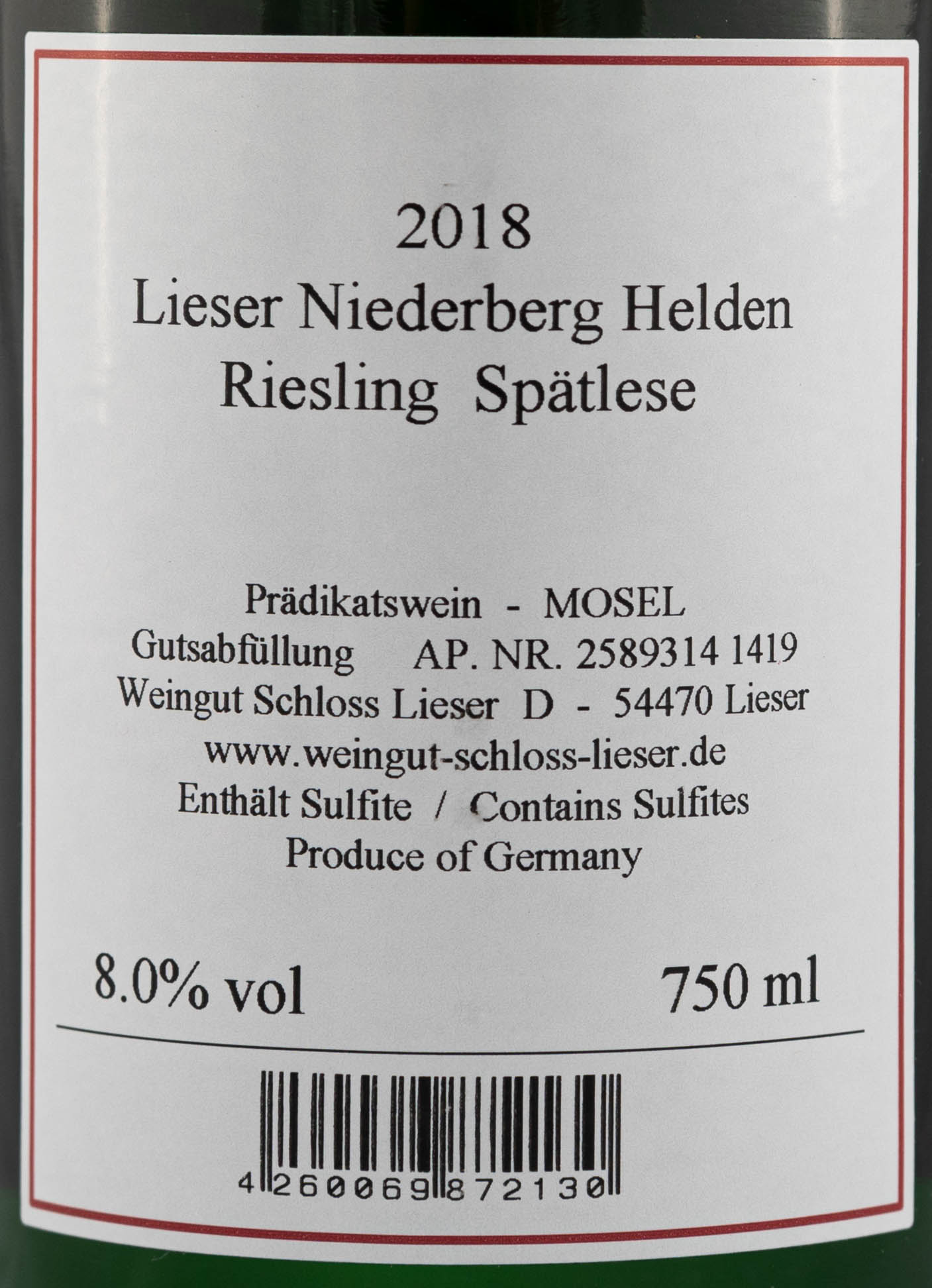 Schloss Lieser Thomas Haag Niederberg Helden Riesling Spätlese Swagwine Mosel 2018