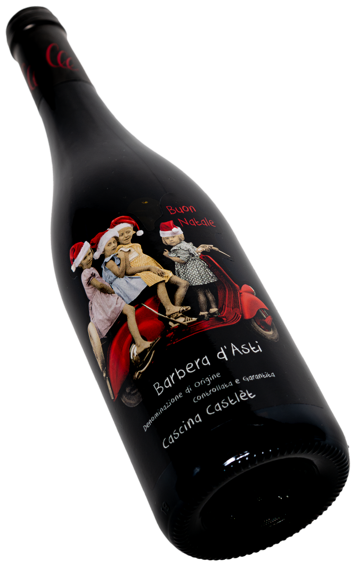 Barbera d'Asti DOCG Natale Casina Castlet Buon Natale Mädchen auf Vespa mit Nikolausmützen Weihnachtswein