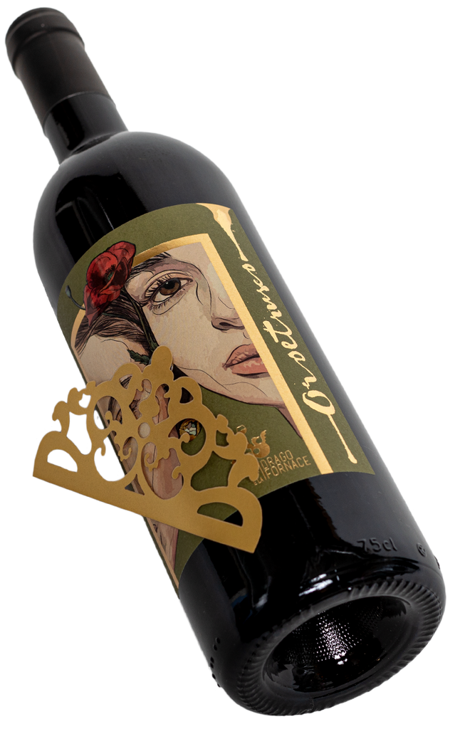 ORo Etrusco Il Drago e la Fornace Rotwein Sangiovese Swagwine Toskana zwei halbe Frauengesichter mit Mohnblume