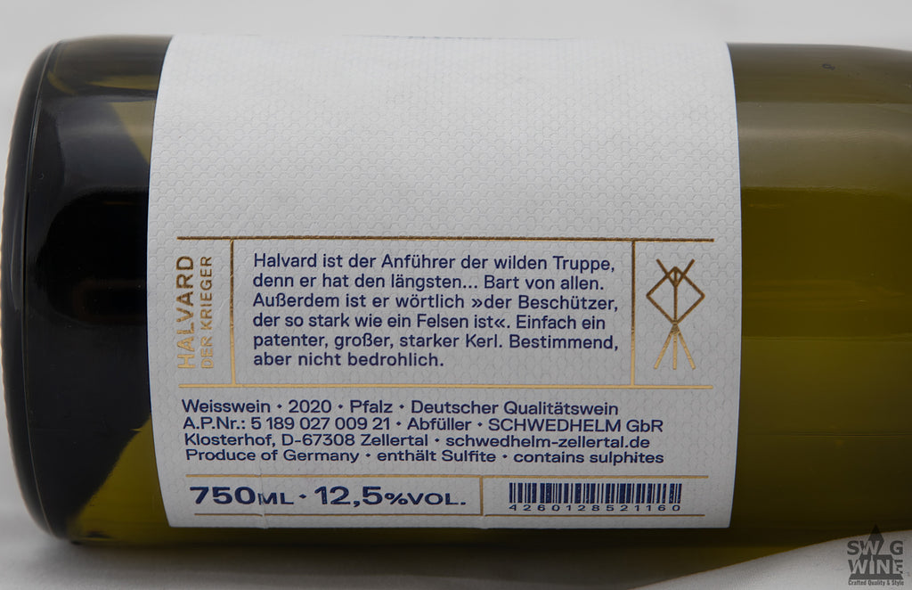 Halvard - Alter Schwede - Geschichte des Namens des Weißwein von Weingut Schwedhelm im Zellertals auf dem Rückenetikett