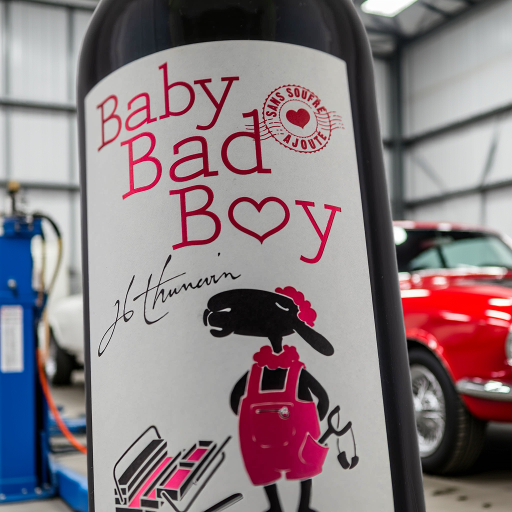 Baby Bad Boy Bordeaux Sans Soufre ajoute von Thunevin Etikett in pink mit Schaf mit Latzhose und Steinschleuder