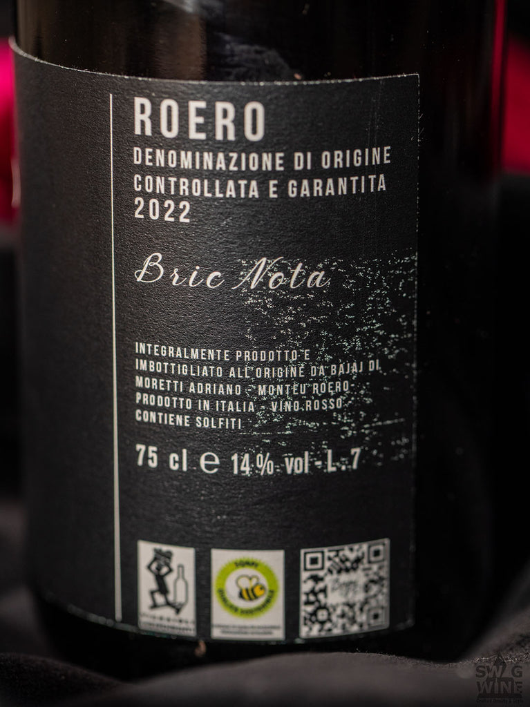Roero DOCG Bric Nota von Bajaj -Adriano Moretti Weinflasche Rückenetikett