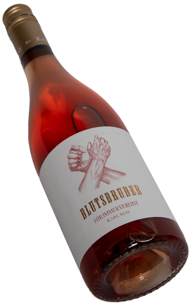Blutsbruder Rosé Karl May Merlot St. Laurent Cuvée Rheinhessen - für immer vereint mit Erdbeere Himbeere und Kräutern
