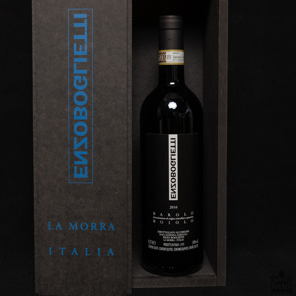 Flasche Barolo DOCG Boiolo 2016 von enzo Boglietti in schwarzer Holzkiste
