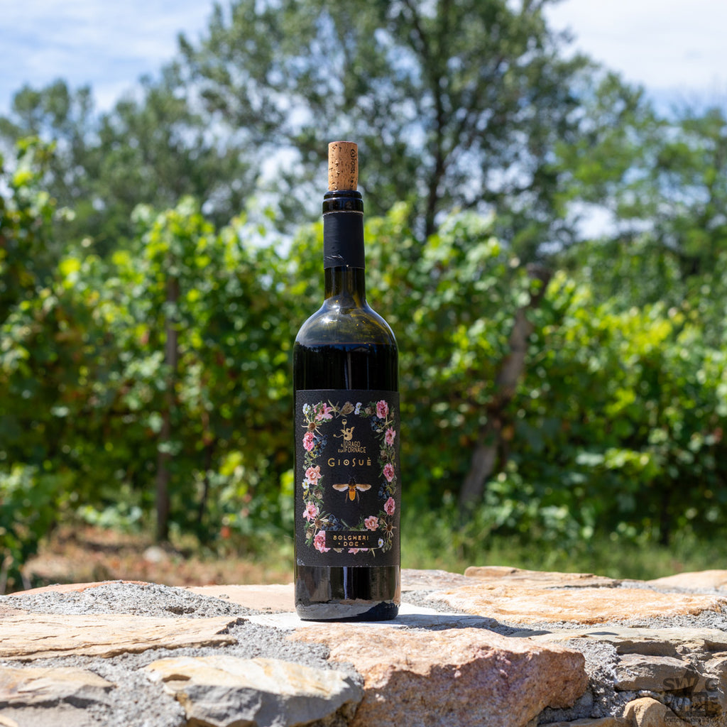 Giosuè Bolgheri Supertuscan Toskana Flasche auf einer Steinmauer mit Weinreben im Hintergrund