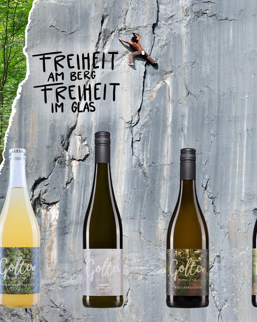 Golter Hausberg-Weine Freiheit am Berg Freiheit im Glas - Weinflaschen  vor Kletterer an steiler Felswand