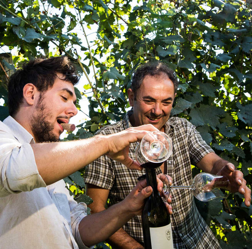 Lorenzo und Giuseppe Grasse haben Spaß beim Wein trinken im Weinberg