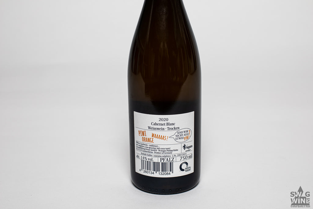 Cabernet Blanc Piwi Orange-Wein von Philipp Kuhn - Pfalz - Flasche mit Rückenetikett