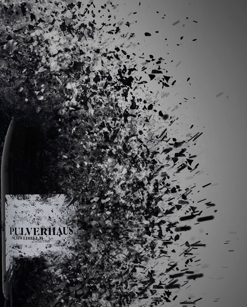 Pulverhaus Rotwein von Weingut Schwedhelm im Zellertal - Weinflasche explodiert
