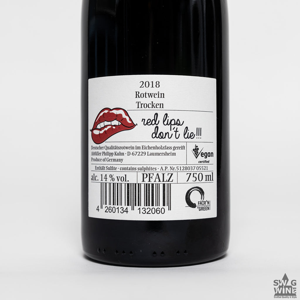 Rotwein Cuvée Red Lips don't lie 2018 von Philipp Kuhn - Pfalz Rückenetikett