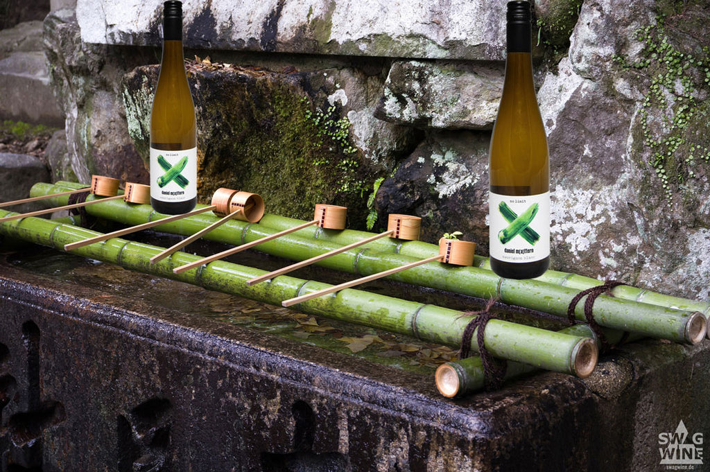 Sauvigon Blanc no Limit alkoholfrei von Daniel Mattern Weinflaschen auf Bambusstäben auf Brunnen bei Swagwine