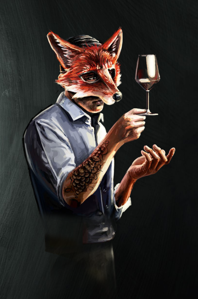 Secret Sommelier Society gezeichneter Sommelier mit Fuchs Maske und Weinglas in der Hand
