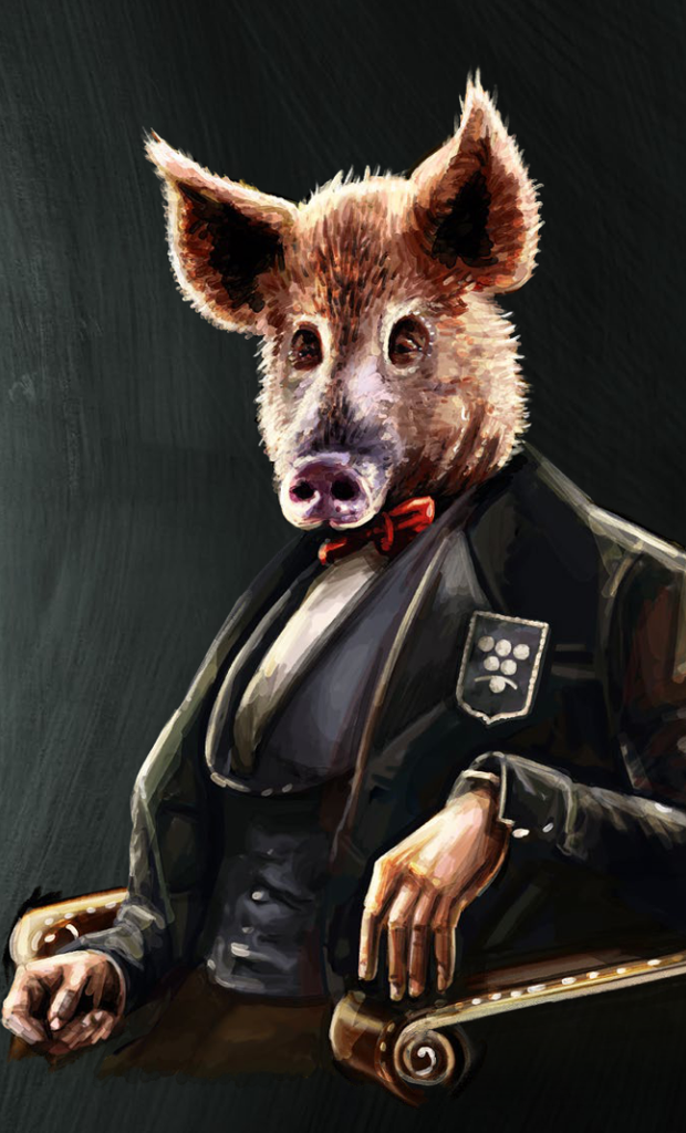 Secret Sommelier Society - Zeichnung Sommelier mit Wildschwein Maske sitzt auf Stuhl  Symbol der Sommelier Kollektion
