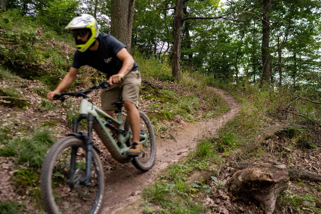 Winzer Christoph Golter beim Mountainbiken im Wald auf seinem Hometrail