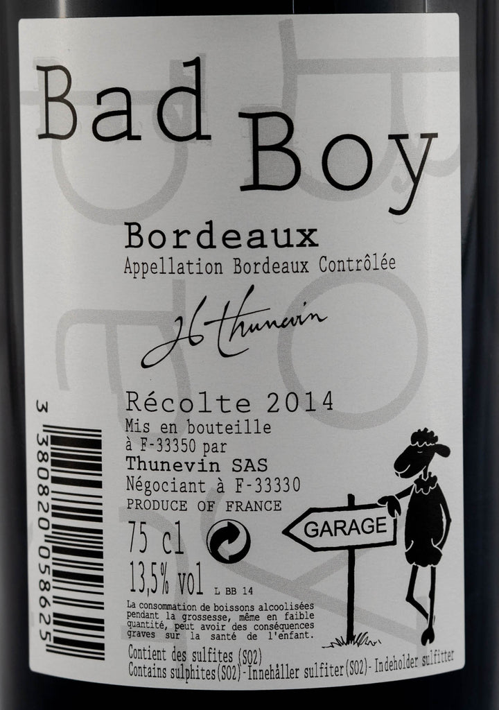 Bad Boy Bordeaux von Thunevin SAS Rückenetikett vom Wein Jahrgang 2014.