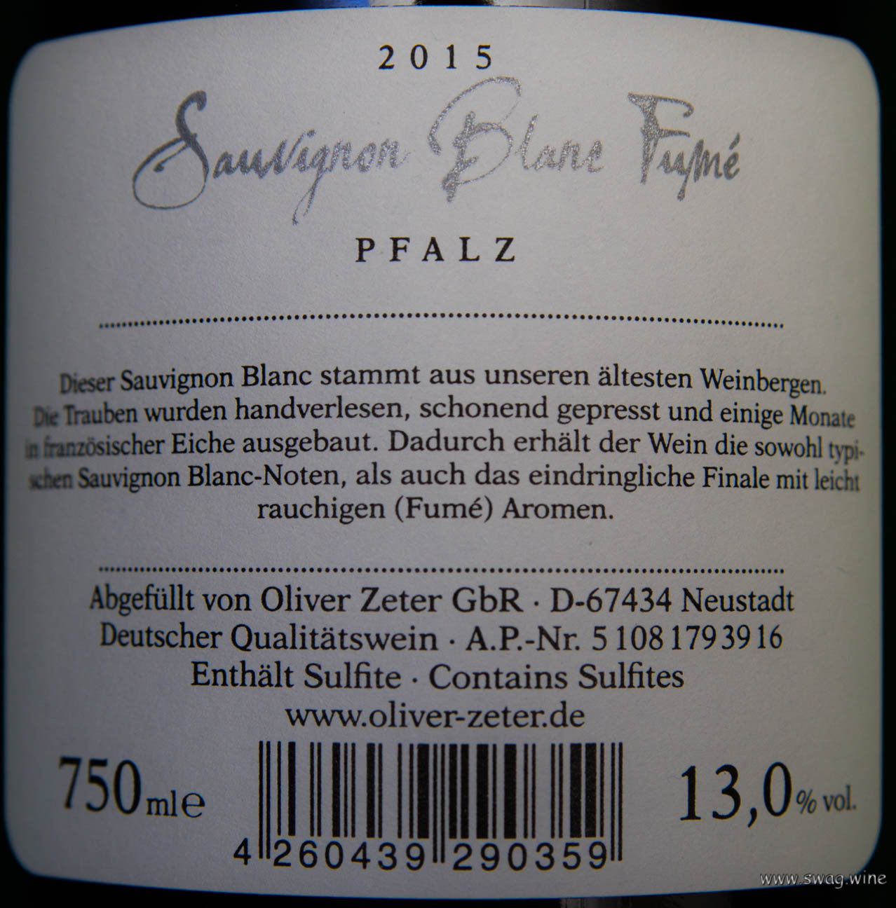 Sauvignon Blanc Fume Oliver Zeter Pfalz Swagwine