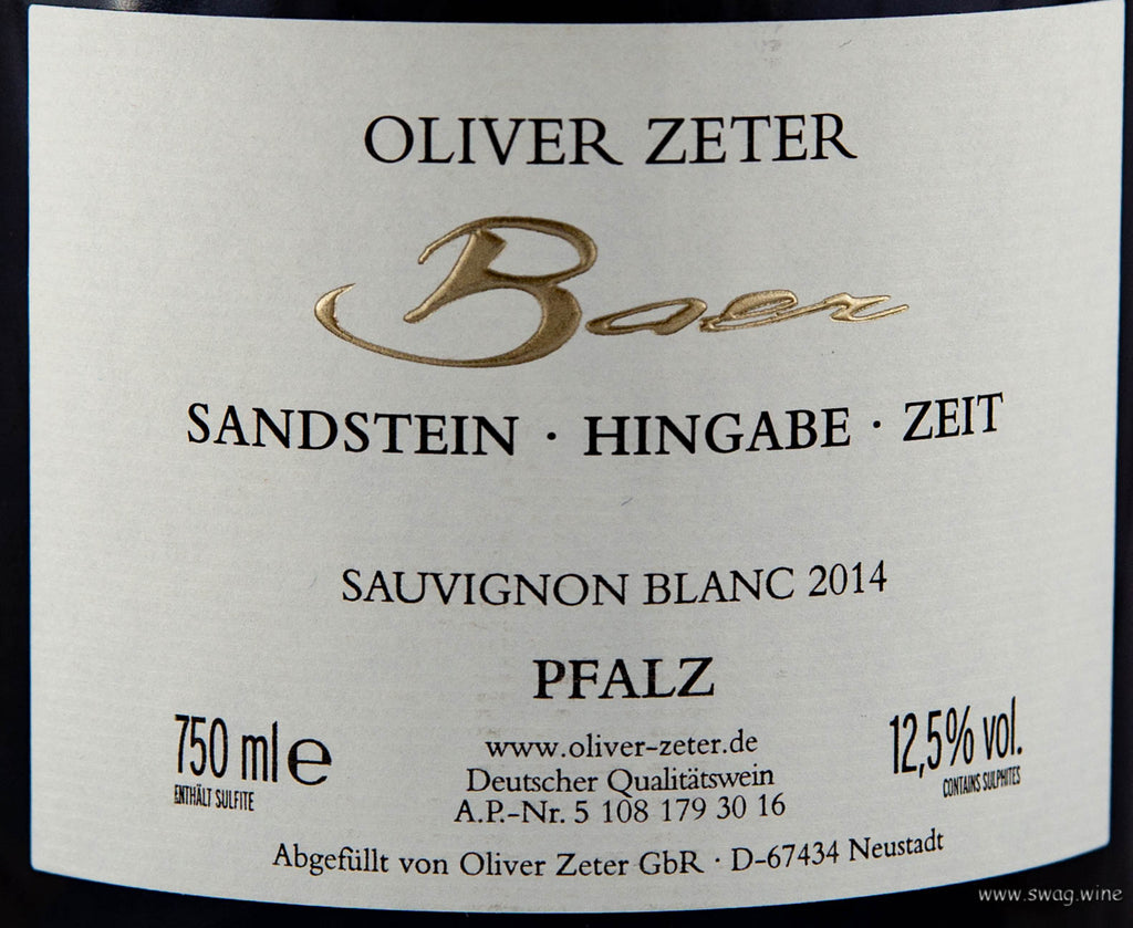 Sauvignon Blanc Baer - Spitzen Weißwein von Oliver Zeter aus der Pfalz - Sandstein - Hingabe - Zeit - Rückenetikett