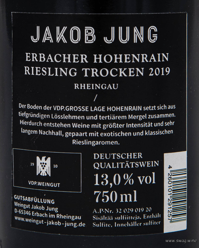 Erbacher Hohenrain Riesling GG Weingut Jakob Jung Rheingau Rückenetikett