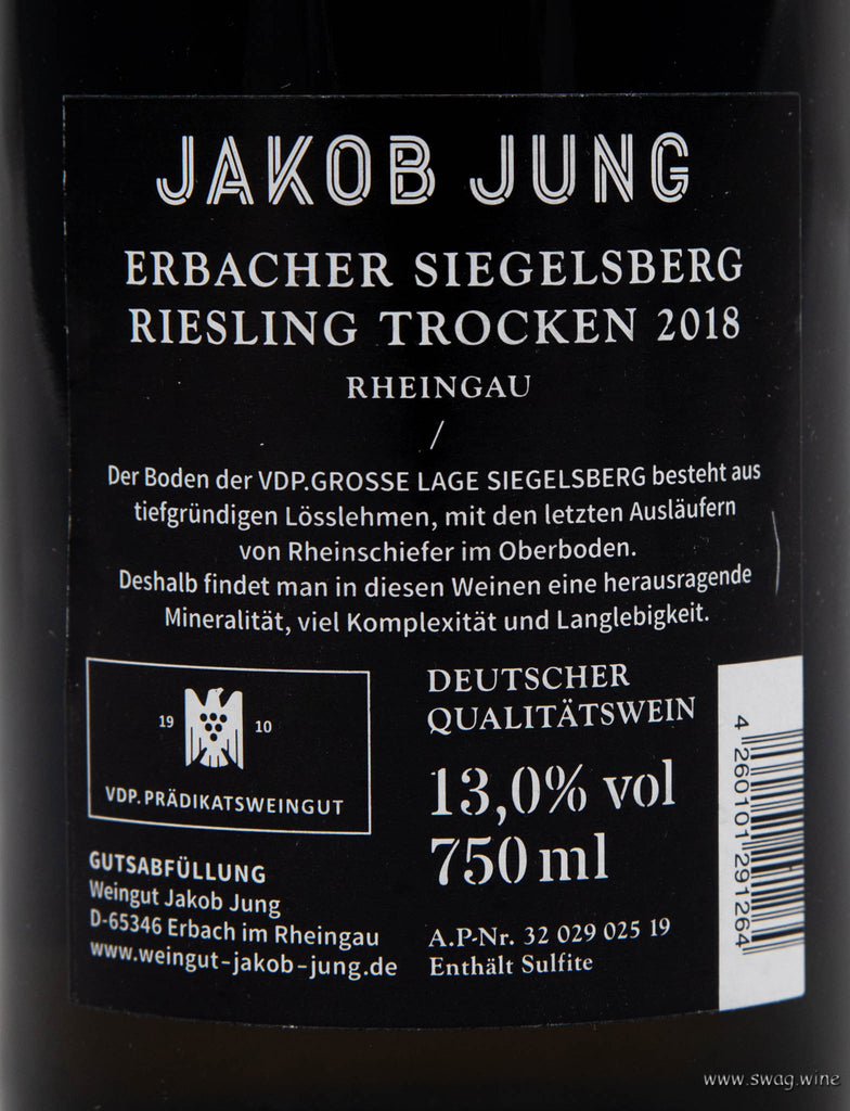 Erbacher Siegelsberg Riesling GG Weingut Jakob Jung Rheingau Rückenetikett